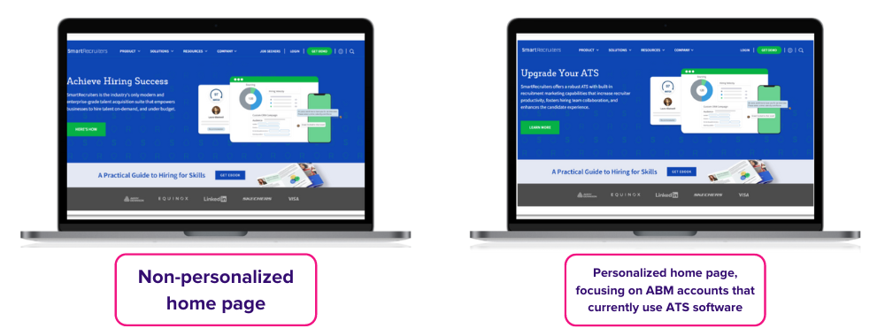 Smart Recruiters non-personalized vs personalized home page based on the product each ABM account is currently using